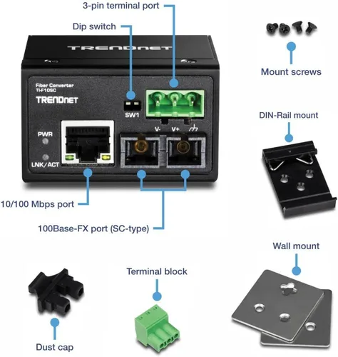 Vista 7 de TRENDnet Hardened Industrial 100Base-FX Convertidor de fibra SC multimodo (1.2 mi, 1.2 millas), carcasa clasificada IP40, TI-F10SC, negro