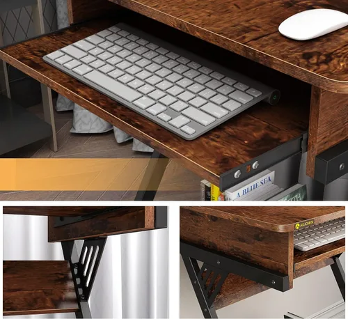Vista 6 de ALISENED Escritorio para computadora para espacios pequeños, mesa de estudio compacta en forma de Z de 23.6 pulgadas con bandeja de teclado suave