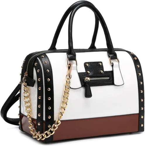 Vista 9 de Dasein Bolso Barrel para Mujer de Cuero Sintético de Charol Brillante con Decoración de Remaches Asa Superior Cartera Bolso de Hombro Azul más grande