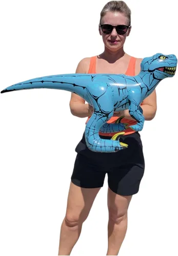Vista 3 de Surtido inflable de dinosaurios coloridos (alrededor de 24 pulgadas) de Apatosaurio inflable para fiesta, pterodáctilo, raptor, T-Rex, triceratops