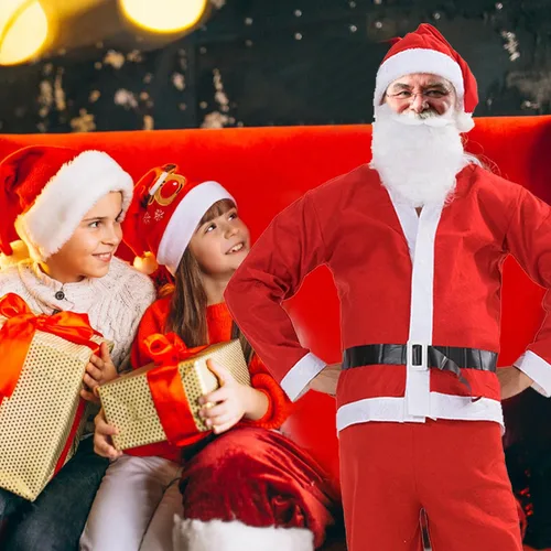 Vista 5 de PORRUNNY Disfraz de Papá Noel para hombre, cómodo disfraz de Papá Noel con sombreros, barba, tops, pantalones, cinturones, traje de Santa Claus