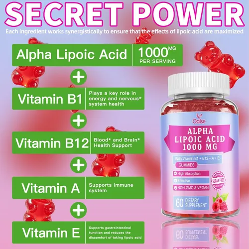 Vista 2 de Gomitas de ácido alfa lipoico de 1000 mg con vitamina B1, B12, A, E, suplemento de ALA masticable sin azúcar de alta absorción para apoyo