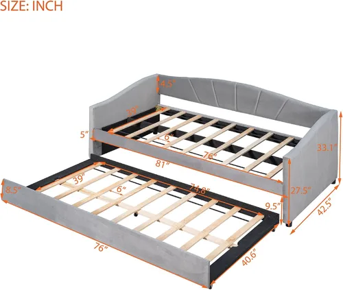 Vista 2 de Sofá cama nido con cama nido, tamaño individual, tapizada, de tela, marco de tablillas, soporte para dormitorio, sala de estar, no necesita caja
