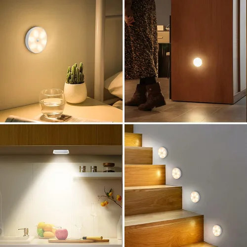 Vista 7 de Luces LED de color cálido para armario, luz de disco con sensor de movimiento, luces de paso de disco recargables por USB, iluminación regulable