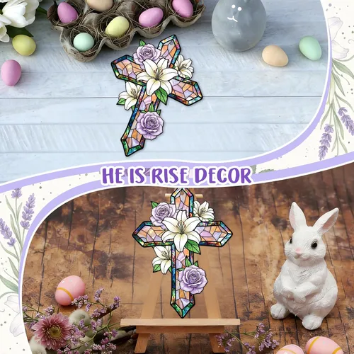 Vista 8 de WaaHome Adorno de cruz de Pascua para decoración de árbol, flor morada, decoración de Pascua, regalos religiosos para mujeres, hombres, niños
