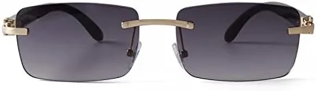 Vista 2 de Laurinny Lentes de sol rectangulares de metal dorado con lente tintada, patillas de madera de los años 90, gafas retro para mujeres y hombres