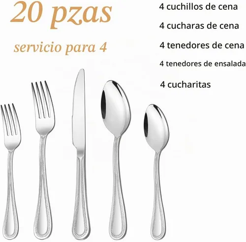 Vista 2 de Juego de cubiertos de 20 piezas, HaWare cubiertos de acero inoxidable servicio para 4, vajilla con borde perlado incluye cuchillo/tenedor/cuchara