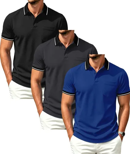 Vista 16 de GEEK LIGHTING Paquete de 3 camisas polo de manga corta con bolsillo para Negro Gris Armygreen