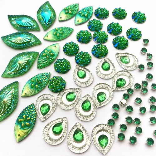 Vista 2 de 180 piezas de formas mixtas impresionantes gemas verdes cosidas en diamantes de imitación facetados con parte trasera plana joyería de cristal