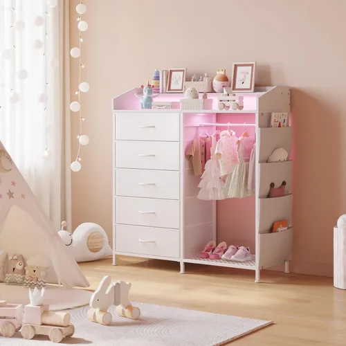 Vista 11 de LUMTOK - Cómoda con estante para colgar, 5 cajones de tela y bolsillo lateral para dormitorio 2 in 1 Black 5 Drawers Dresser with LED&Charging