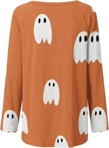 Vista 4 de Huilaibazo Túnica de Halloween para mujer, camisas gráficas de telaraña, blusa de manga larga fluida, túnica de talla grande para leggings