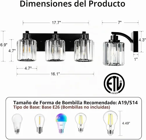 Vista 2 de 3 luces de cristal para tocador de baño, moderna lámpara de baño negra sobre espejo, luces de tocador para dormitorio, baño, pasillo, base E26 Negro
