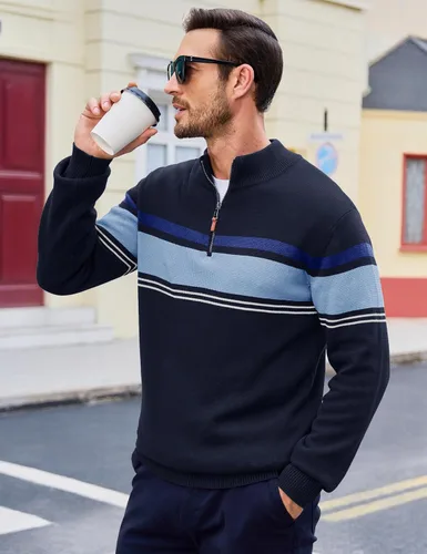 Vista 9 de MAGCOMSEN Suéteres de algodón con cremallera de 1/4 para hombre, suéter tipo polo, a rayas, para otoño e invierno, sudaderas cálidas