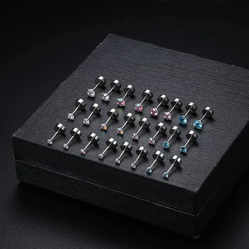 Vista 2 de JOERICA 12 pares de aretes tipo dormilona de acero inoxidable de 0.71 oz con circonita cúbica para mujeres y hombres, para cartílago, hélice, 0.079