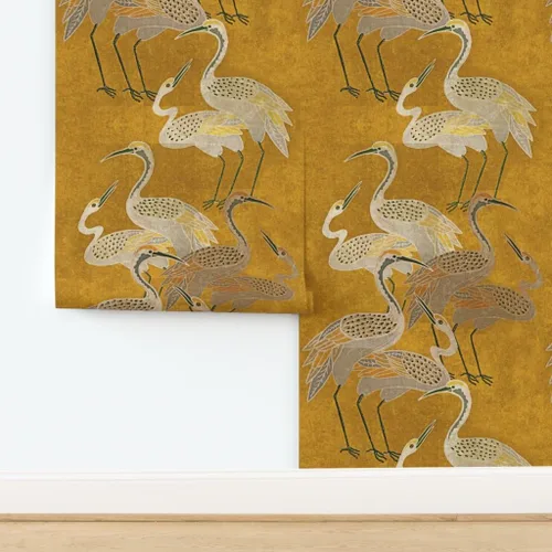 Vista 4 de Spoonflower Papel tapiz para despegar y pegar - Grúas Art Deco Golden Birds Gold Oriental Texture Silver Papel pintado extraíble personalizado