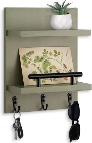 Vista 8 de Soporte de pared para llaves, decoración de estante de correo con 3 ganchos para llaves, organizador de pared de madera versátil para entrada