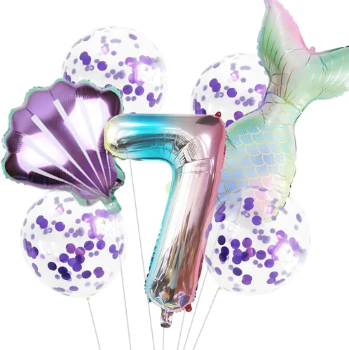 Vista 13 de 7 globos de sirena con números para fiesta de cumpleaños de 1, 2, 3, suministros de decoración de cola de sirena para niñas (número 0)