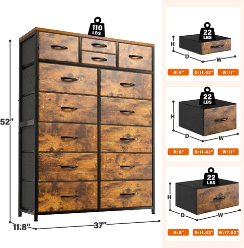 Vista 2 de EnHomee Cómodas altas para dormitorio con cajón, cómodas para dormitorio, cómodas de tela y cómodas para sala de estar, parte superior de madera