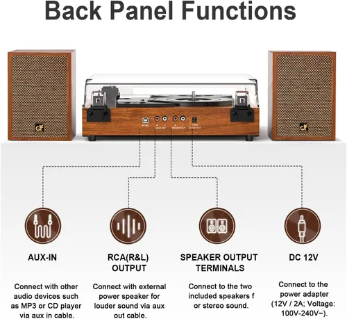 Vista 8 de Tocadiscos de vinilo con altavoces externos duales, tocadiscos Bluetooth vintage de 3 velocidades con altavoces estéreo, reproductor LP accionado