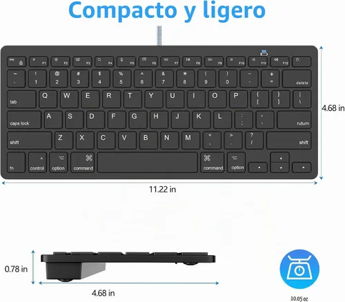 Vista 6 de Teclado con cable ultradelgado para Apple Mac, cable de conversión USB y tipo C, 78 teclas de tijera, teclas de acceso rápido multimedia, compatible