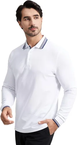 Vista 2 de Polo de piqué para hombre, manga larga, con punta de mezcla de algodón, casual, con cuello, ajuste clásico