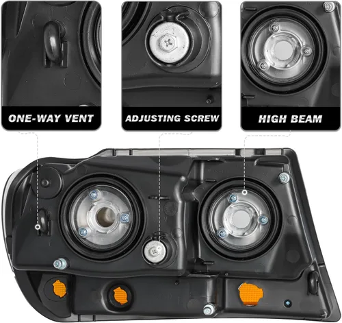 Vista 3 de SOCKIR Conjunto de faros delanteros compatible con Jeep Grand Cherokee 1999-2004 halógeno (carcasa negra, parte inferior ámbar, con bombillas)