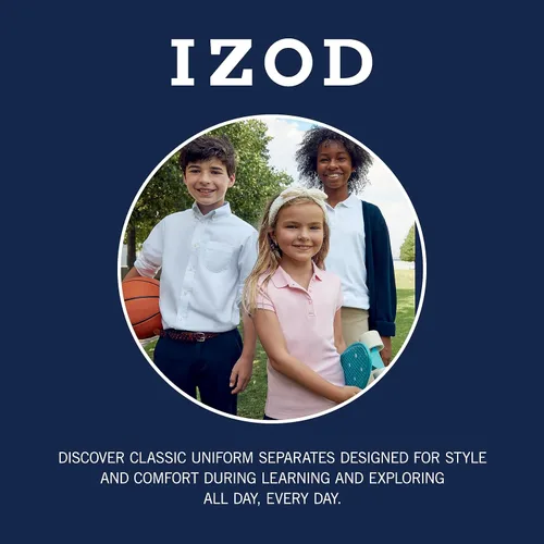 Vista 4 de Izod Camisa polo de manga corta para uniforme escolar para niños, cierre de botón, material de rendimiento que absorbe la humedad