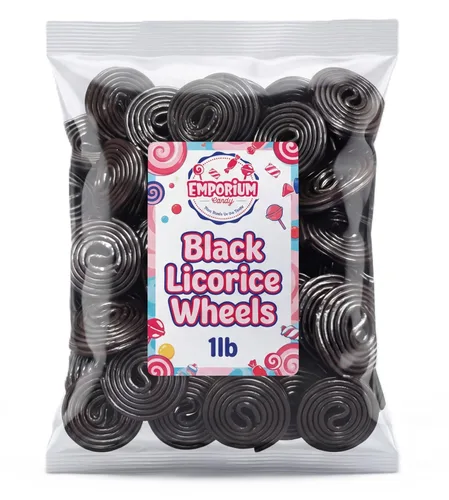 Vista 3 de Ruedas de regaliz negro caramelo 1 lb a granel suave masticable clásico