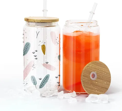 Vista 3 de AGH - Paquete de 12 latas de vidrio de sublimación transparentes de 16 onzas con tapas y popotes de bambú, tarro de vidrio helado de masón, vaso