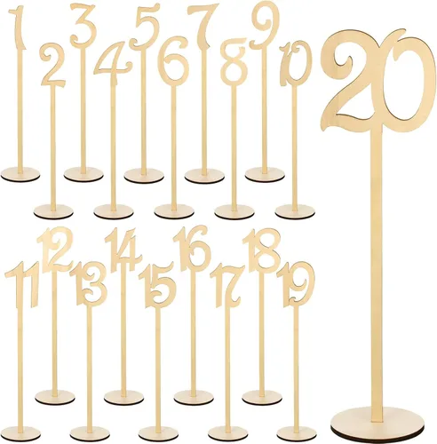 Vista 7 de Yulejo - 20 números de mesa para boda con soporte, 1-20, color negro Números de asiento de madera con base redonda, ideal para bodas, recepciones
