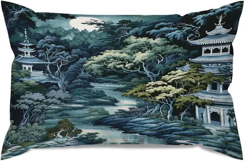 Vista 14 de Chinoiserie - Fundas de almohada decorativas de porcelana azul y blanca con patrón de edificios de estilo chino de 12 x 20 pulgadas, fundas de cojín
