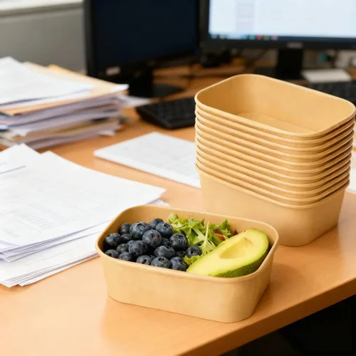 Vista 5 de Paquete de 50 recipientes de papel de 25 onzas con tapas, recipientes desechables para alimentos, cuencos de papel rectangulares marrones con tapas