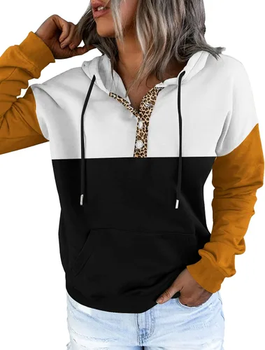 Vista 3 de Etcyy - Sudadera con capucha y bloques de color para mujer - Sudadera de manga larga casual con cordón de ajuste, botones y bolsillo