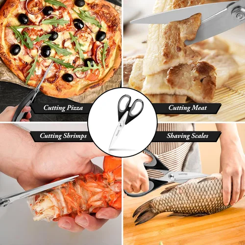 Vista 7 de iBayam - Tijeras de cocina de 8.5 pulgadas con funda, color negro Tijeras multiusos, utensilios de cocina para el hogar, herramientas de mariscos