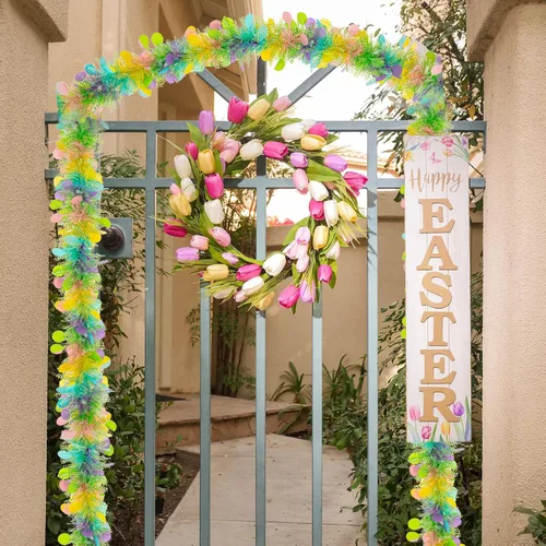 Vista 7 de Guirnalda de oropel de Pascua de 33 pies con diseño de huevo de Pascua metálico con confeti, guirnalda colgante de primavera, decoración para árbol