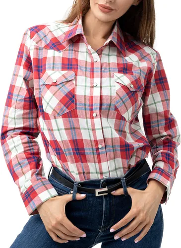 Vista 17 de PASHARTUK Camisas occidentales para mujer, camisas de manga larga de algodón para mujer con botones a presión, camisas a cuadros para mujer Beige