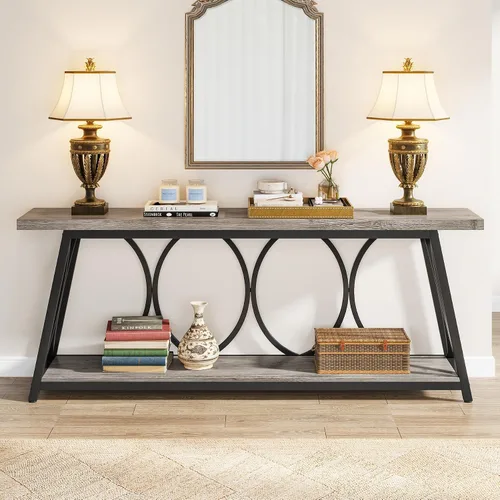 Vista 4 de Tribesigns Mesa consola extra larga de 70.9 pulgadas, mesa de sofá industrial detrás del sofá con estante de almacenamiento de 2 niveles, mesa