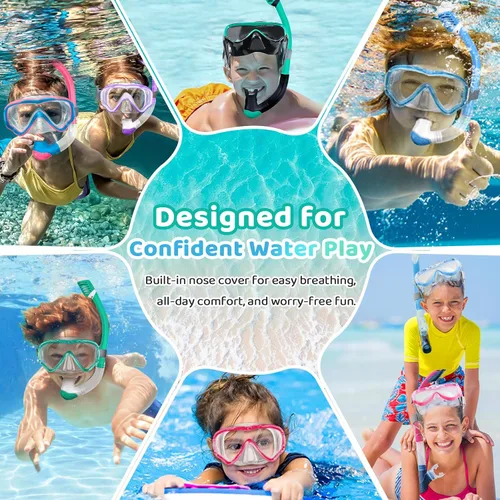 Vista 9 de Vvinca Juego de esnórquel para niños de 3 a 14 años, equipo de esnórquel seco para niños y niñas, jóvenes, gafas de natación con vista panorámica