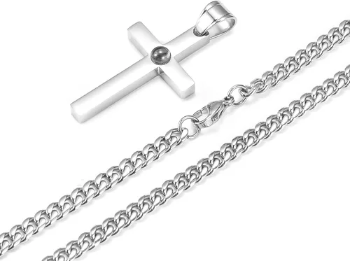 Vista 2 de SytsLNKXXX Collar de cruz para hombre Collar de cruz de plata de acero inoxidable, versículo bíblico grabado y colgante de cruz de amor con cadena