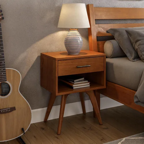 Vista 4 de Mesita de noche moderna de mediados de siglo con un cajón/construida de madera maciza/acabado castañón