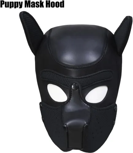 Vista 6 de Máscara de neopreno con capucha de perro y cachorro con bozal desmontable de cara completa máscara de cabeza de animal para Halloween Negro