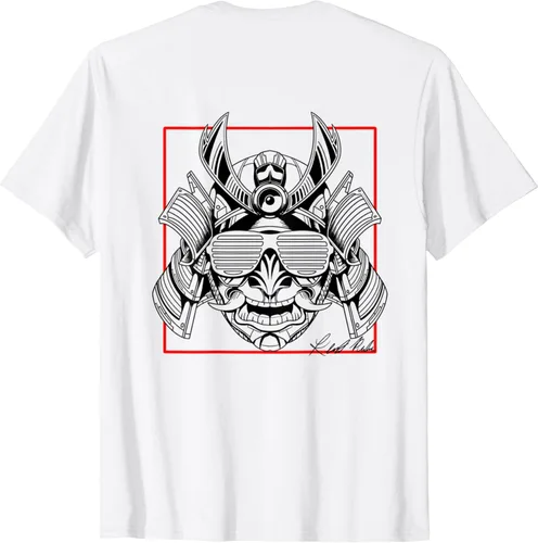 Vista 2 de Camiseta de diseño retro con máscara samurái japonesa, Blanco, S