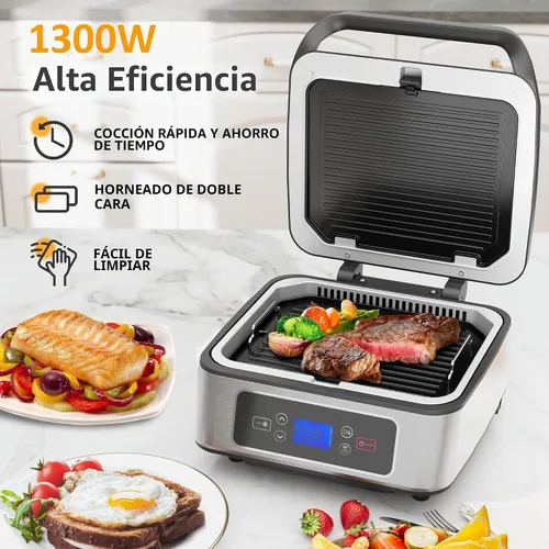 Vista 4 de Sandwichera eléctrica Panini Press, parrilla interior sin humo de 1300 W con placas antiadherentes extraíbles, elevación automática, ventilador