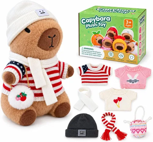 Vista 19 de Capybara - Lindo peluche de peluche para niños y niñas, juego de 10 piezas, 9 prendas y accesorios, juguete de peluche Kawaii, peluche suave