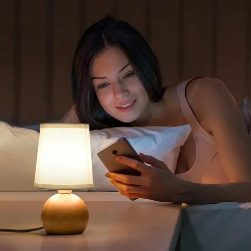 Vista 3 de Lámpara de mesa moderna de cabecera, lámpara de cabecera pequeña, lámpara de mesita de noche para dormitorio con pantalla de tela y acabado