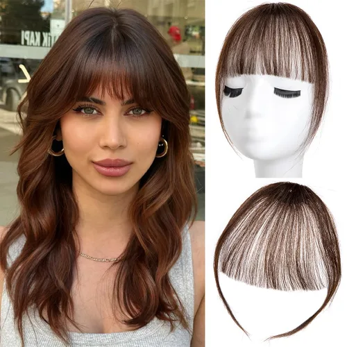 Vista 8 de Flequillo con clip, extensiones de cabello humano 100 % real, flequillo con clip para mujer, extensiones curvadas para uso diario
