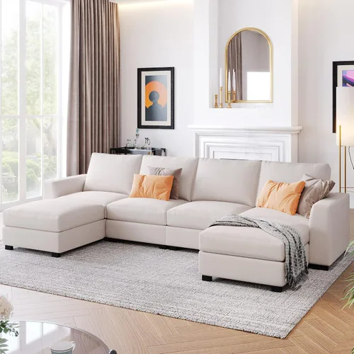 Vista 13 de Sofá tapizado de estilo moderno en forma de L con 2 almohadas, sofá de felpilla de lujo, ideal para sala de estar u oficina (beige #chenilla)