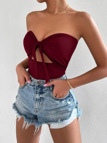 Vista 5 de SheIn Body de tubo con corte frontal para mujer, sin tirantes, sexy, leotardo