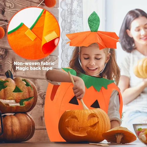 Vista 4 de 3PCS Pumpkin Costume for Children Halloween Pumpkin Cosplay Party Clothes and Hat