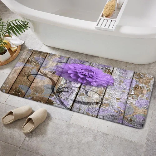 Vista 17 de JAWO Alfombra de baño con flores de granja, dalia en tablones de madera rústica, juego de tapetes de baño con flores azules, en forma de U